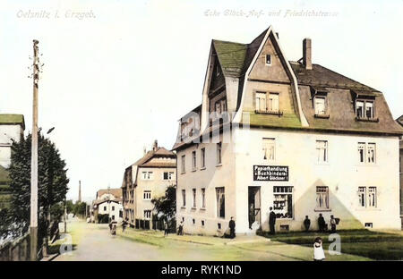 Edifici in Oelsnitz/Erzgeb., negozi in Sassonia, 1913, Erzgebirgskreis, Oelsnitz, Ecke Glück, Auf, und Friedrichstraße, Germania Foto Stock