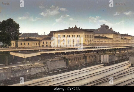 Cheb (stazione ferroviaria), carrozze ferroviarie della Repubblica ceca, meccanica segnali ferroviari in Repubblica ceca, 1914, Regione di Karlovy Vary, Eger, Bahnhof Foto Stock