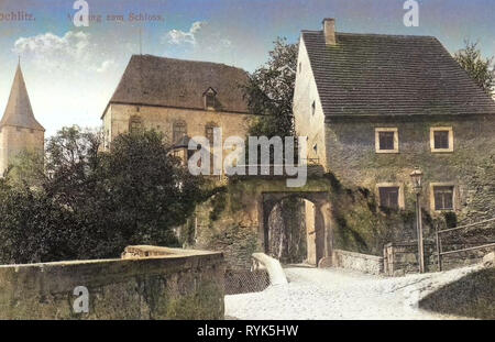 Schloss Rochlitz, Castello cancelli in Sassonia, 1916 Landkreis Mittelsachsen, Rochlitz, Aufgang zum Schloß, Germania Foto Stock