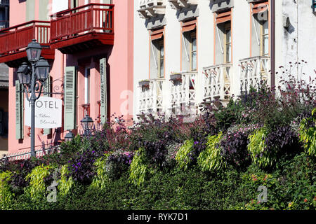 Fiori colorati nel villaggio di Saint Gervais les Bains nelle Alpi francesi. La Francia. Foto Stock