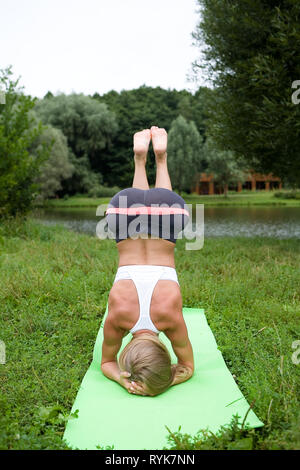 Bella ragazza slanciata esegue una posa di yoga. Uno stile di vita sano. Foto Stock