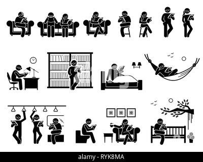 Persone libro di lettura in luoghi diversi. Pittogramma raffigura un uomo e una donna seduti e in piedi per leggere un libro sul divano, una sedia, un tavolo, biblioteca, letto, hammo Illustrazione Vettoriale