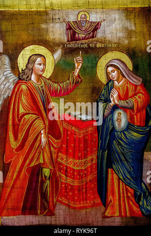 Dipinto nella chiesa ortodossa greca dell'Annunciazione, Nazaret, Israele. L'Annunciazione. Foto Stock