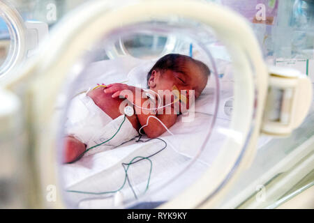 St Vincent de Paul ospedale, gestito dalle Figlie della Carità missionari cattolici a Nazareth, Israele. Neonatologia Ward. Bambino prematuro. Foto Stock