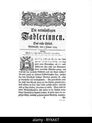 Premere il tasto / media, riviste, 'Die vernuenftigen Tadlerinnen', front page, editor: Johann Christoph Gottsched (1700 - 1766), con il numero 1, Halle, 3.1.1725, Additional-Rights-Clearance-Info-Not-Available Foto Stock