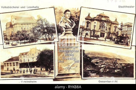 Franz Xaver Gabelsberger, cartoline Multiview, Librerie in Ústí nad Labem Regione, edifici di Ústí nad Labem, teatro di Ústí nad Labem, 1912, Ústí nad Labem Regione, passaggi a livello in Ústí nad Labem Regione, busti in Ústí nad Orlicí District, Aussig, verschiedene Stadtansichten, Repubblica Ceca Foto Stock