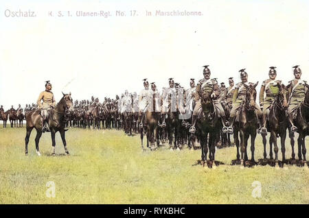 Marciando, uso militare di cavalli, 1912, Landkreis Nordsachsen, Oschatz, 1. Königlich Sächsisches Ulanen, Reggimento Nr. 17, Marschkolonne, Germania Foto Stock