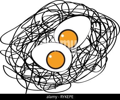 Logo creativo di un scrawled nido con due uova e i tuorli. Il vettore isolato illustrazione astratta Illustrazione Vettoriale