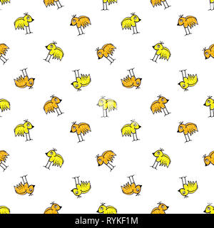 Conversational seamless pattern design con stile cartoon uccelli motivo a disegno in colori caldi su sfondo bianco Foto Stock