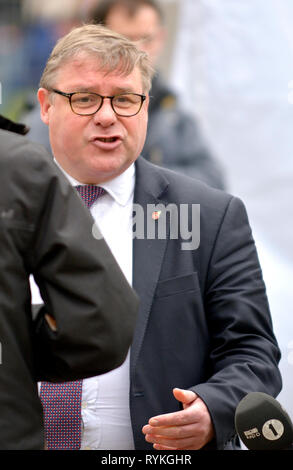 Mark Francois MP (Cost: Rayleigh e Wickford) su College Green, Westminster, 13 marzo 2019 Foto Stock