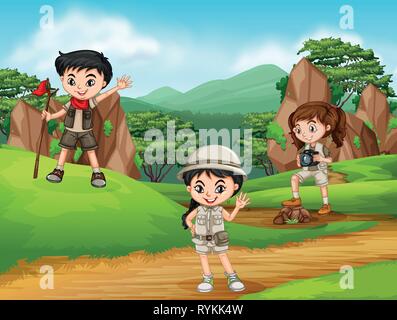 Camping kids in natura illustrazione Illustrazione Vettoriale