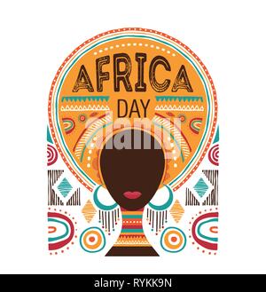 Giornata dell'Africa, illustrazione vettoriale con donna africana, tribù ornamenti e modelli. Illustrazione Vettoriale