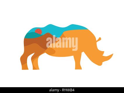 Illustrazione di Rhino con doppia esposizione di paesaggio africano Illustrazione Vettoriale
