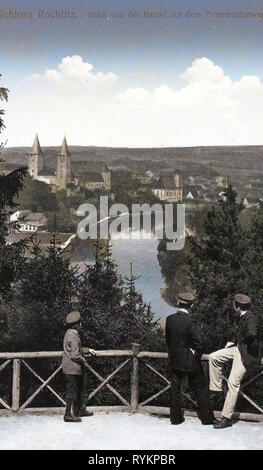 Spianate, Schloss Rochlitz, Zwickauer Mulde, chiese Rochlitz, Scenic si affaccia in Germania, 1913, Landkreis Mittelsachsen, Rochlitz, Blick von der Bastei auf den Promenadenwege Foto Stock