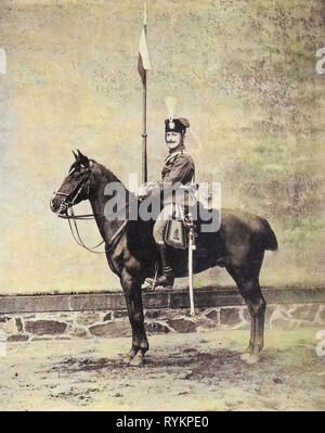 1. Königlich Sächsisches Husaren-Regiment König Albert Nr. 18, uso militare di cavalli, 1901, Landkreis Meißen, Großenhain, Reiter (Soldat), Germania Foto Stock