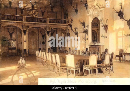 Sale da pranzo in Germania, interno del castello di Moritzburg, palchi, 1902, Landkreis Meißen, Moritzburg, Jagdschloß Speisesaal Foto Stock