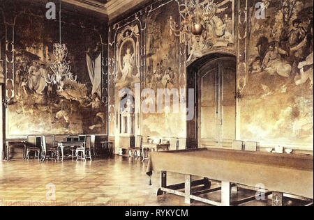 Biliardo Camere in Germania, interno del castello di Moritzburg, murales in Sassonia, 1902, Landkreis Meißen, Moritzburg, Jagdschloß Billardsaal Foto Stock