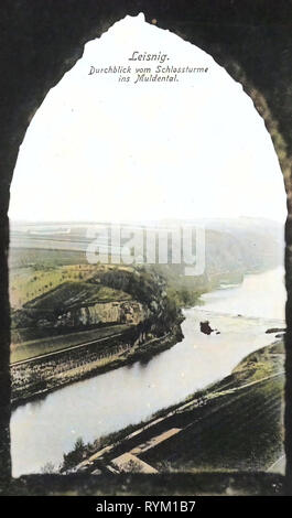 Freiberger Mulde in Leisnig, viste da Bergfried Burg Mildenstein, 1906 Landkreis Mittelsachsen, Leisnig, Blick vom Schloßturm ins Muldental, Germania Foto Stock