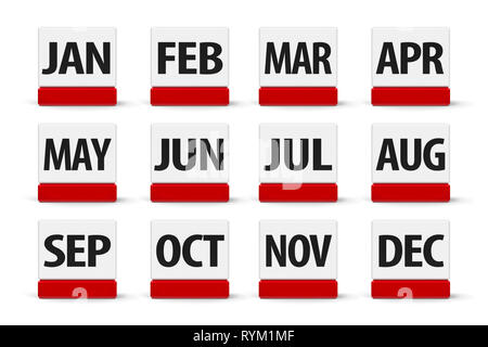 Set di mesi di calendario pulsanti web tridimensionale e rendering 3D illustrazione Foto Stock