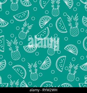 Modello senza cuciture con ananas, fettine di arancia e di anguria fette. La frutta tropicale. Estate sfondo. Illustrazione Vettoriale