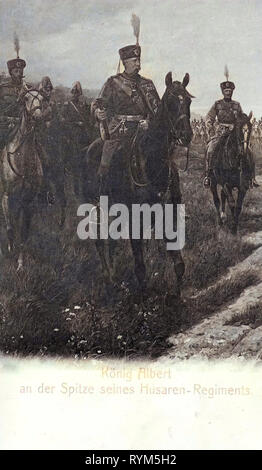 1. Königlich Sächsisches Husaren-Regiment König Albert Nr. 18, Albert di Sassonia, 1903 cartoline, 1903, König Albert an der Spitze sciabiche Husaren, reggimenti, Germania Foto Stock