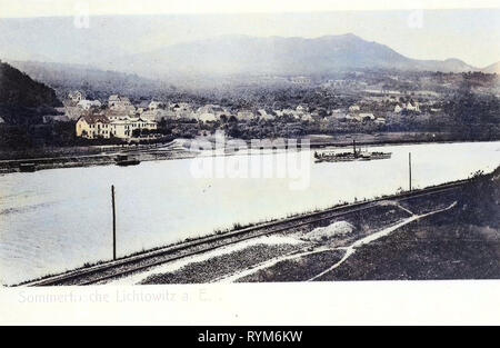 Riesa (nave, 1863), linea ferroviaria Lysá nad Labem - Ústí nad Labem-Střekov, edifici nel distretto di Litoměřice 1903, Ústí nad Labem Regione, Prackovice nad Labem, Litochovice nad Labem, trasporto di acqua sull'Elba nella Repubblica ceca, Lichtowitz, Blick nach der Elbe Dampfer mit Foto Stock