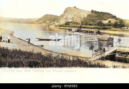 Saxonia (nave, 1862), le navi in Sassonia, piloni in Sassonia, rocce in Sassonia, Elbe in Sassonia, 1903, Landkreis Meißen, Diesbar, Elbtal mit Dampfer Saxonia und Göhrischfelsen, Germania Foto Stock