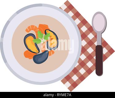 Concetto di menu. Zuppa al formaggio con frutti di mare. Cozze, Gamberi e salmone affumicato. Cibo sano. La zuppa in stile appartamento. Illustrazione Vettoriale. Illustrazione Vettoriale