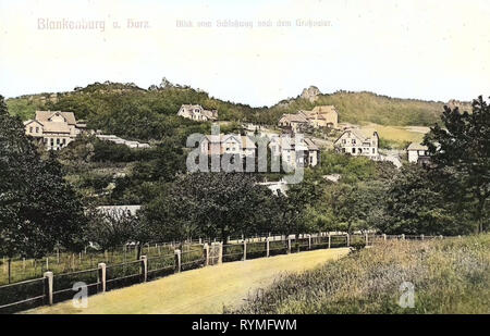 Großvaterfelsen, edifici a Blankenburg (Harz), 1907, Sassonia-Anhalt, Blankenburg, Blick vom Schloßweg nach dem Großvater, Germania Foto Stock