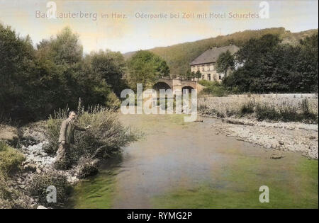 Alberghi in Bassa Sassonia, edifici in Bassa Sassonia, ponti in Bassa Sassonia, Bad Lauterberg im Harz, 1907, Bassa Sassonia, Bad Lauterberg, Oderpartie bei Zoll mit Hotel Scharzfels, Germania Foto Stock