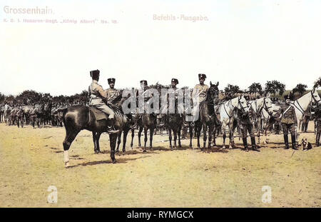 1. Königlich Sächsisches Husaren-Regiment König Albert Nr. 18, ussari di Germania, uso militare di cavalli, 1907, Landkreis Meißen, Großenhain, Befehls, Ausgabe, Husaren, Reggimento Nr. 18 Foto Stock