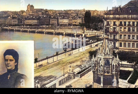 Piroscafi di Svizzera, hotel in Svizzera, l'imperatrice Elisabetta d'Austria, vedute storiche di Pont du Mont-Blanc, monumento Brunswick, Ginevra, Remote vedute della cattedrale di Saint-Pierre, cartoline Multiview, 1908 cartoline, Genf, 1908 Foto Stock