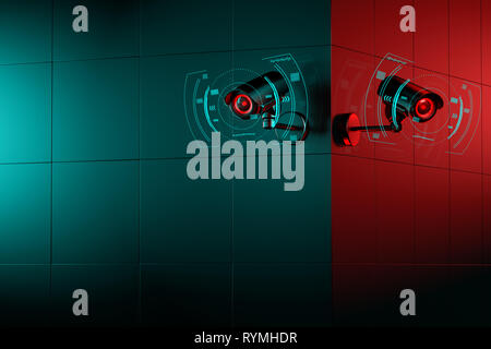 Sicurezza di due telecamere TVCC sulla parete angolo con copia spazio. Il buono e il cattivo lato del concetto di sorveglianza. Il rendering 3D Foto Stock