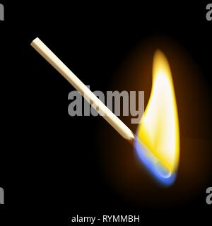 Masterizzazione realistico matchstick fiamma con trasparenza, isolati su sfondo nero. Illustrazione Vettoriale Illustrazione Vettoriale