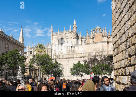 I turisti in Plaza del Triunfo con la Cattedrale di Siviglia in background Foto Stock