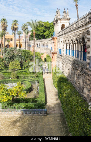 Il Real Alcazar o Reales Alcazares e i suoi giardini a Siviglia, Spagna Foto Stock