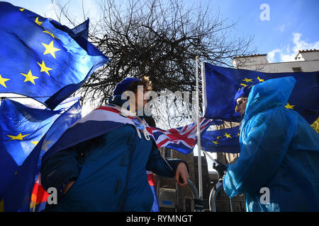 Anti Brexit sostenitori in Westminster, London il giorno di un dibattito su una estensione dell'articolo 50 Brexit negoziati alla House of Commons. Foto Stock