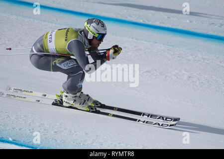 Matthias Mayer AUT prende parte alla PRUEBA girare per il mondo dello sci FINALS DOWNHILL uomini gara di Coppa del mondo FIS sci alpino finali di Soldeau-el Tarte Foto Stock