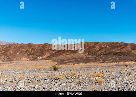 Scarsa vegetazione sul deserto roccioso fondovalle dando modo al marrone e secca montagne brulle sotto un cielo blu. Foto Stock