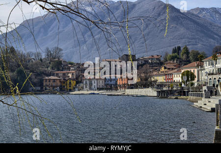 Mergozzo, Piemonte, Italia. Marzo 2019. Piacevole vista panoramica della città che si affaccia sul lago. Le fronde di un albero telaio l'immagine Foto Stock