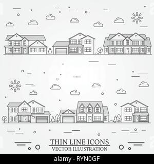 Quartiere con case illustrato su bianco. Sottile vettore icona linea suburbana case americane. Per il web design e applicazione di interfaccia, utile anche per infographics. Vettore grigio scuro. Illustrazione Vettoriale