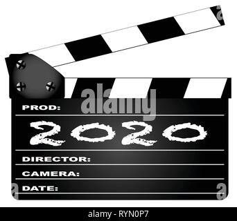 Un tipico film clapperboard con la legenda 2020 isolato su bianco. Illustrazione Vettoriale