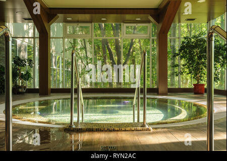 Grande vasca tonda jacuzzi nel centro termale, mattina Foto Stock