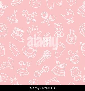 Modello senza giunture di giocattoli per i bambini e vari elementi di bambini in rosa. Illustrazione Vettoriale