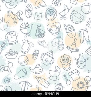 Colorato di seamless pattern di giocattoli per i bambini e vari elementi di bambini in rosa. Illustrazione Vettoriale