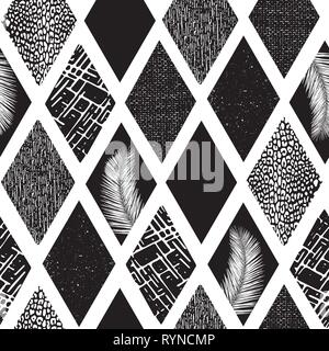 Il collage monocromatico rhombus forma un pattern vettoriale senza giunture. Sfondo astratto contemporaneo forme geometriche a trama. Forme in rombo nero con Illustrazione Vettoriale