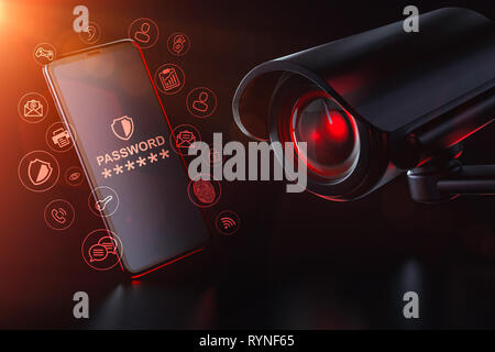 Orologi tvcc un protetto da password dello smartphone. Sorveglianza concetto di autodifesa. Il rendering 3D Foto Stock