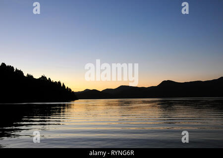 Luce della Sera a Double Bay Cove nel Marlborough Sounds della Nuova Zelanda. Il Cove è spento di Queen Charlotte Sound, il principale canale di spedizione. Foto Stock