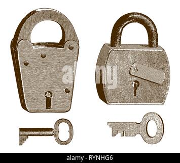 Storico lucchetto keystone e piatto automatico calettato il lucchetto con chiave (dopo una incisione o incisione da XIX secolo) Illustrazione Vettoriale