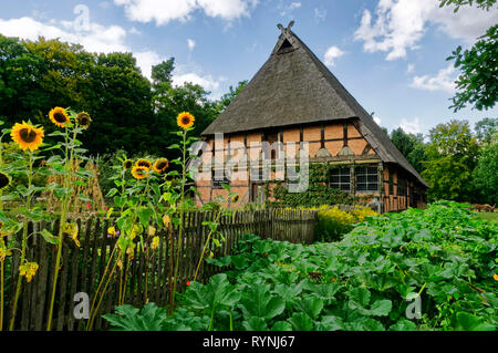 Museo Hösseringen villaggio nella brughiera di Lüneburg: Garden Cottage di Brümmerhof (casa colonica del XVII secolo), Bassa Sassonia, Germania Foto Stock